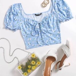 SHEIN Light Blue Floral Puff-Sleeve Tie-Front Crop Top